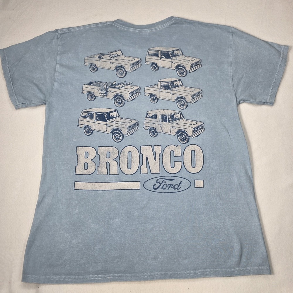 Ford Bronco Size Large Distressed Logo T-Shirt 2025 100% Cotton Light Blue